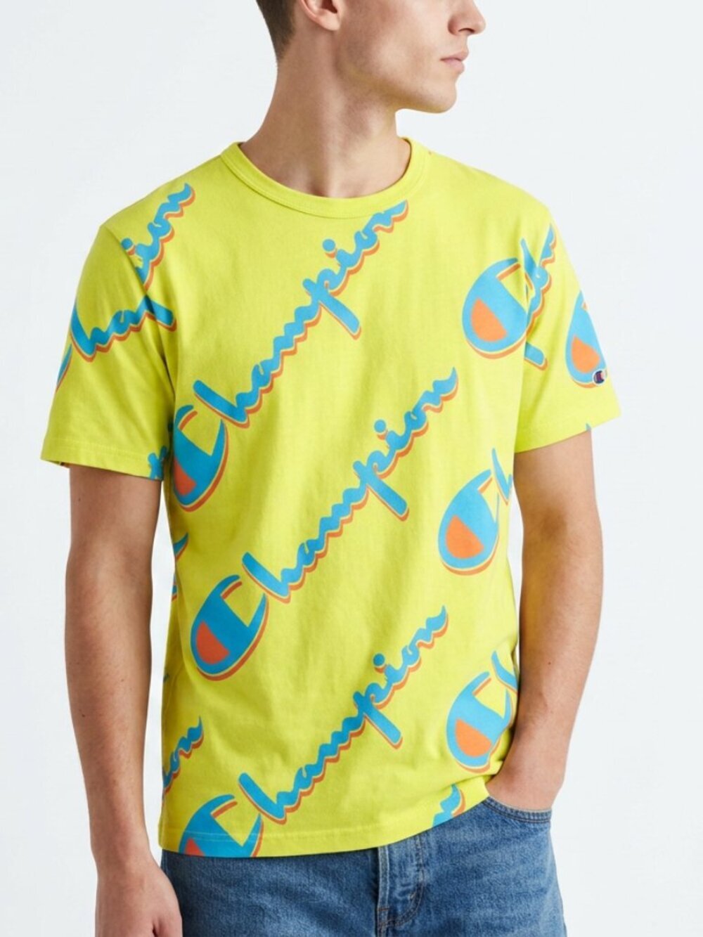 Vintage 90s | Champion | All Over Print | Neon Yellow Graphic | T Shirt | M